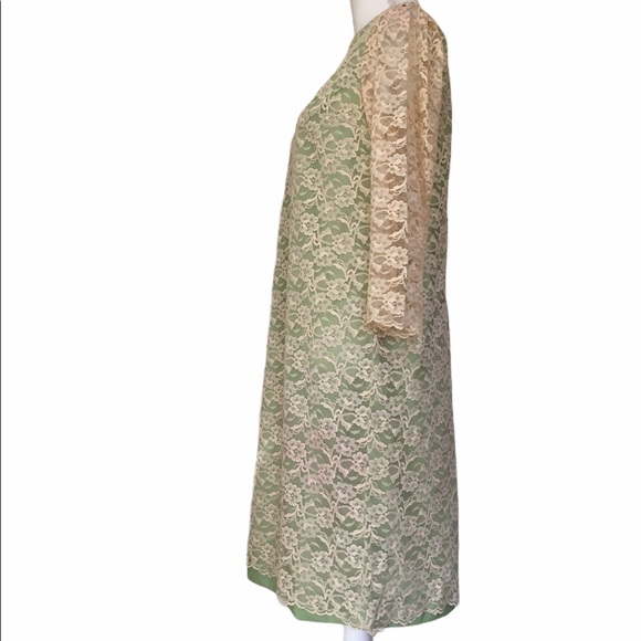 Vintage 60's Cream Lace Over Green Shift Dress Medium - Picture 5 of 13